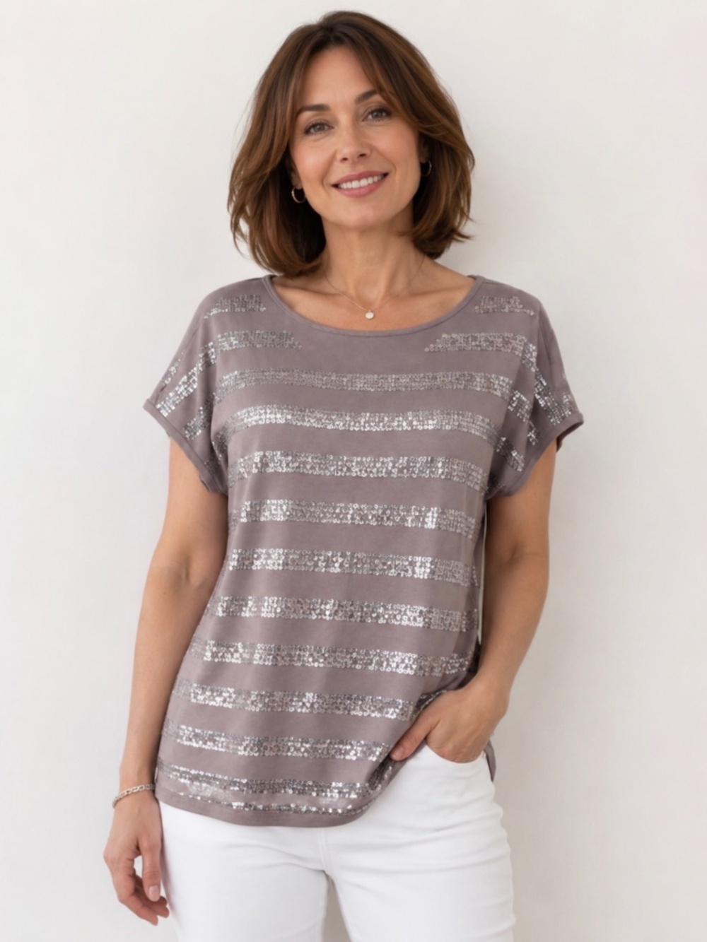 Linea Domani Women’s M Sequin Stripe Top Made in Canada Taupe Silver